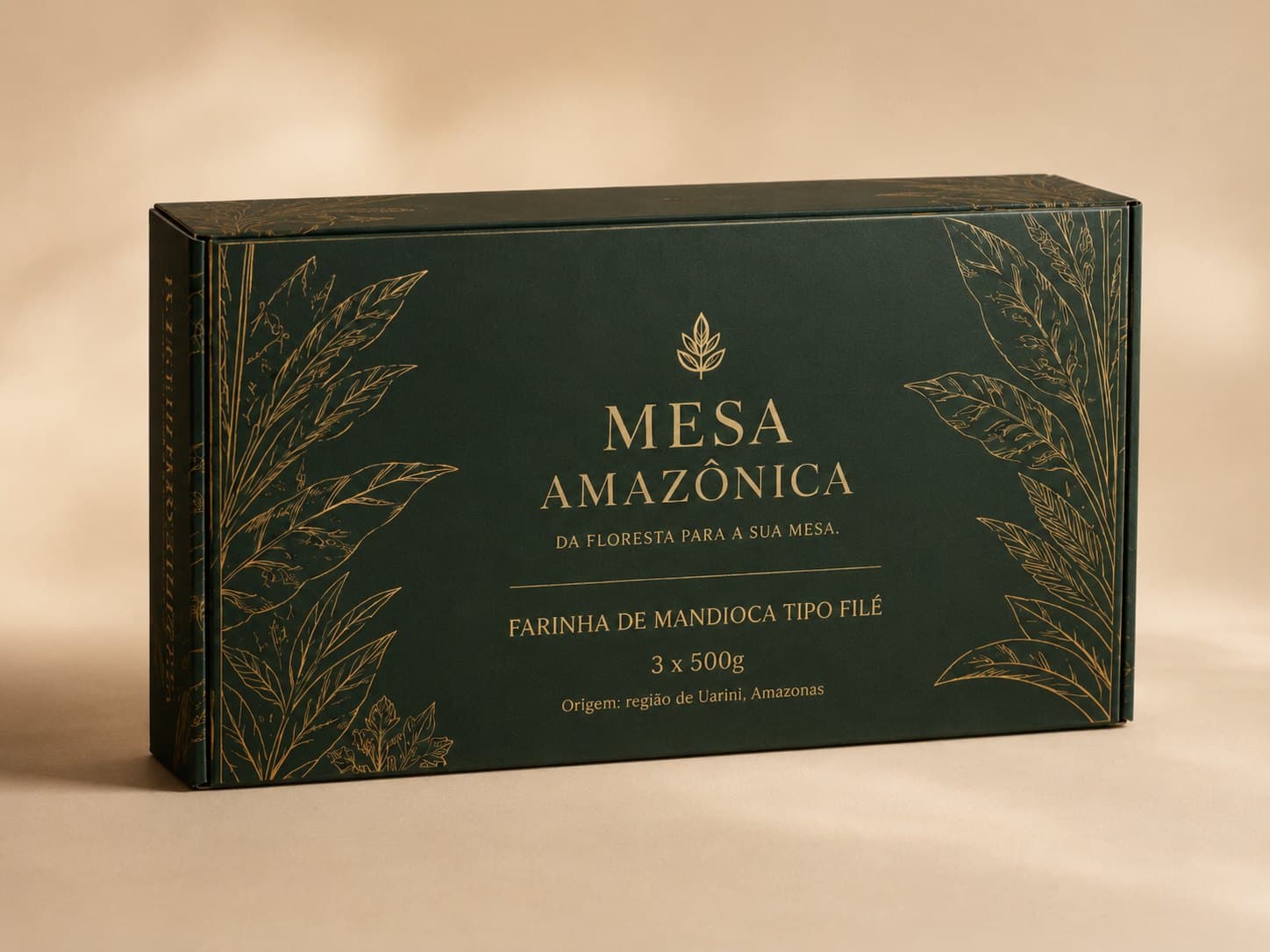 Caixa premium Mesa Amazônica em ângulo sobre fundo claro