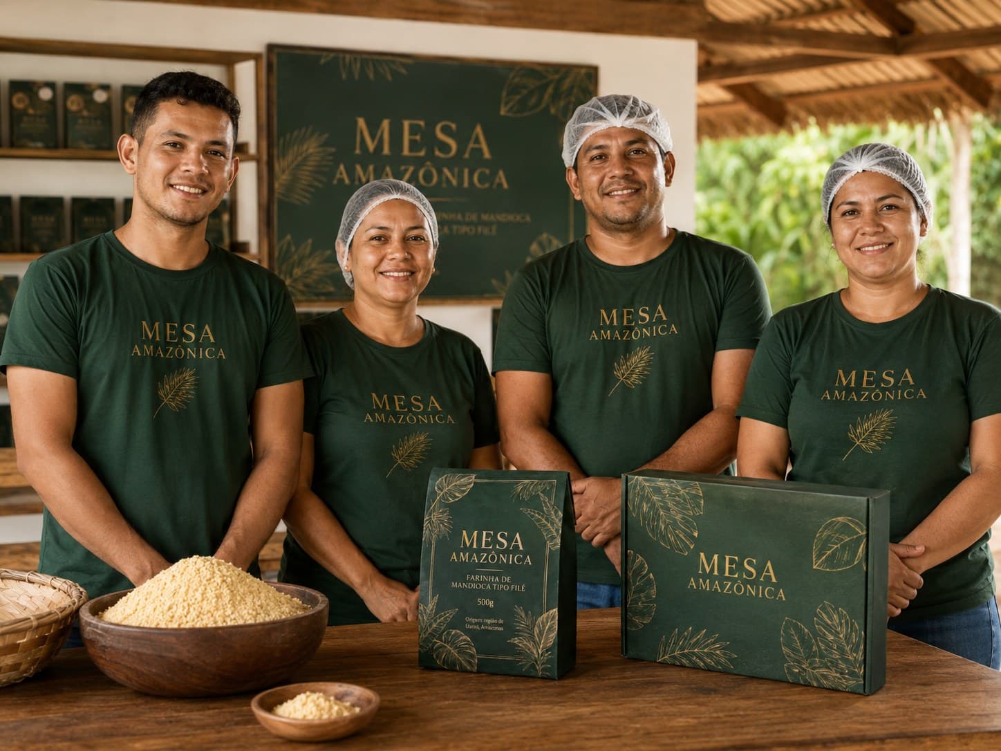 Equipe da Mesa Amazônica com produto e embalagens