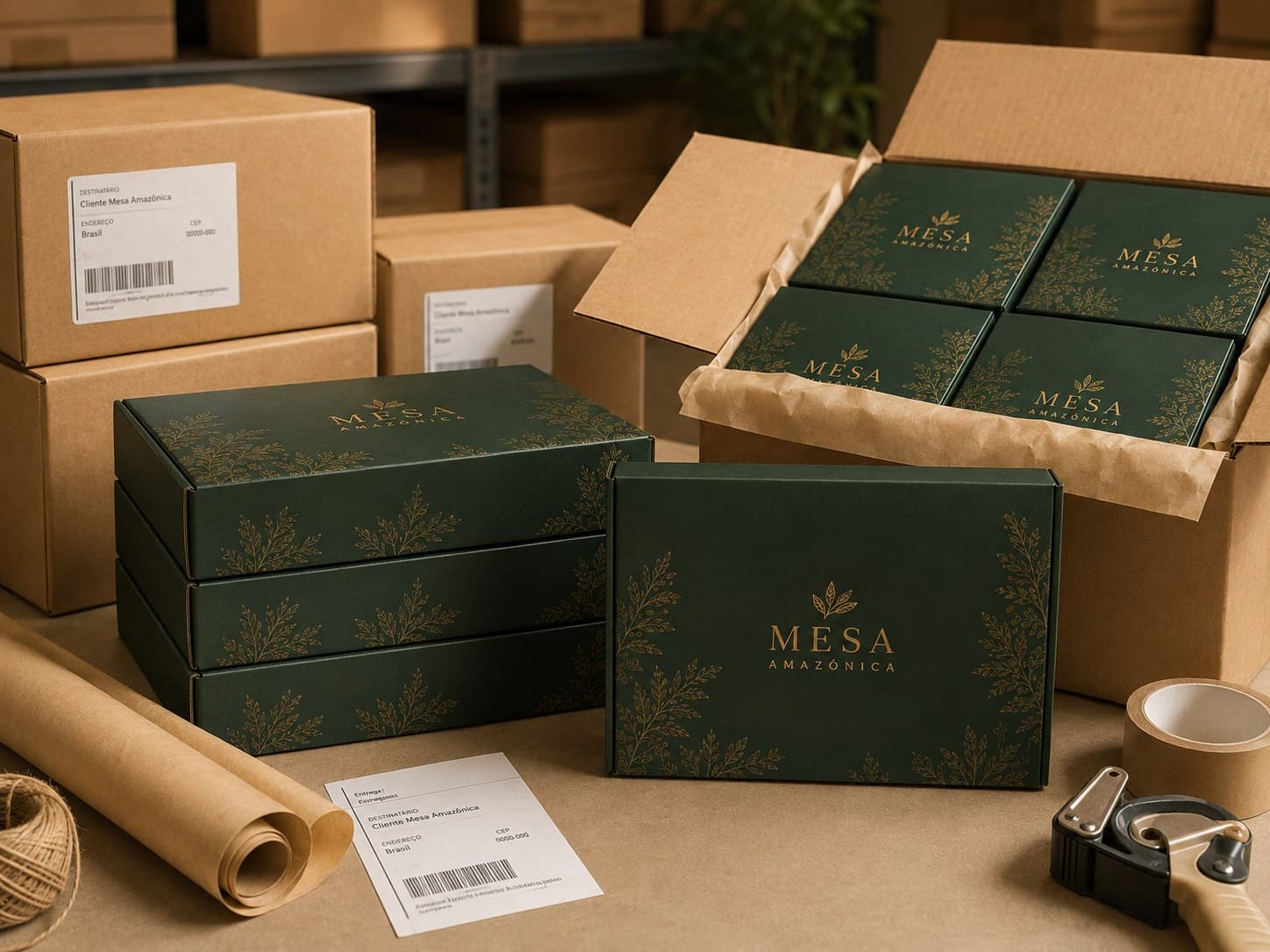 Área de expedição com caixas e kits Mesa Amazônica preparados para envio