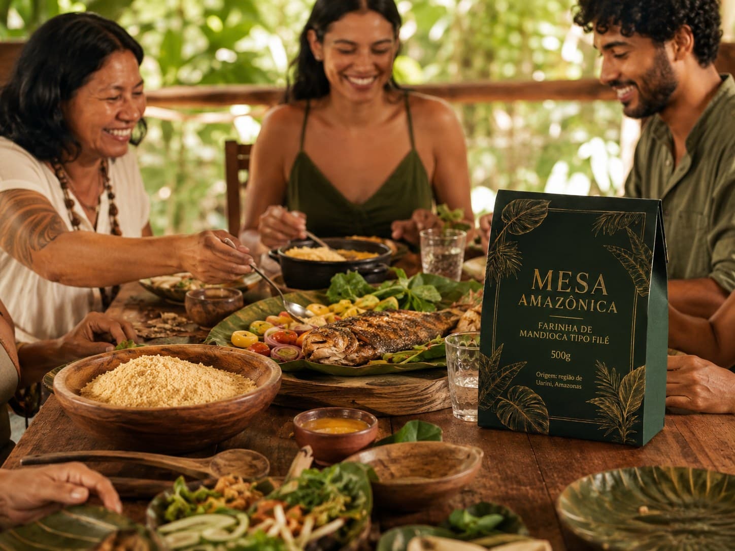 Pessoas consumindo refeição com a farinha Mesa Amazônica à mesa