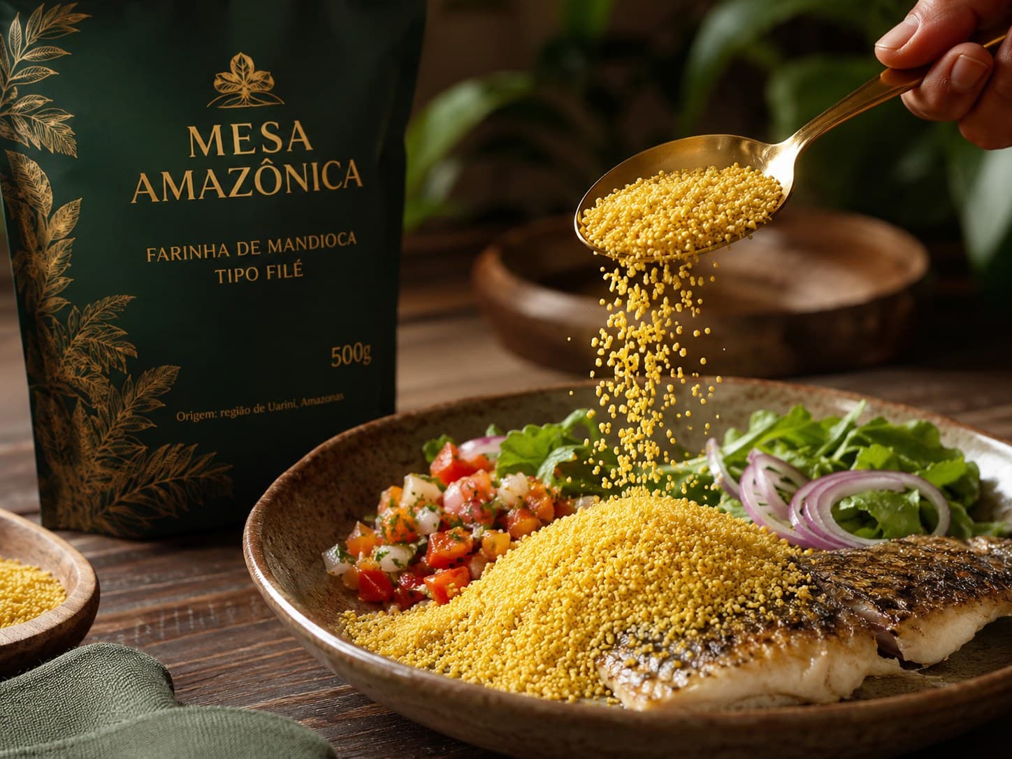 Farinha tipo filé sendo servida com colher sobre prato com peixe e salada