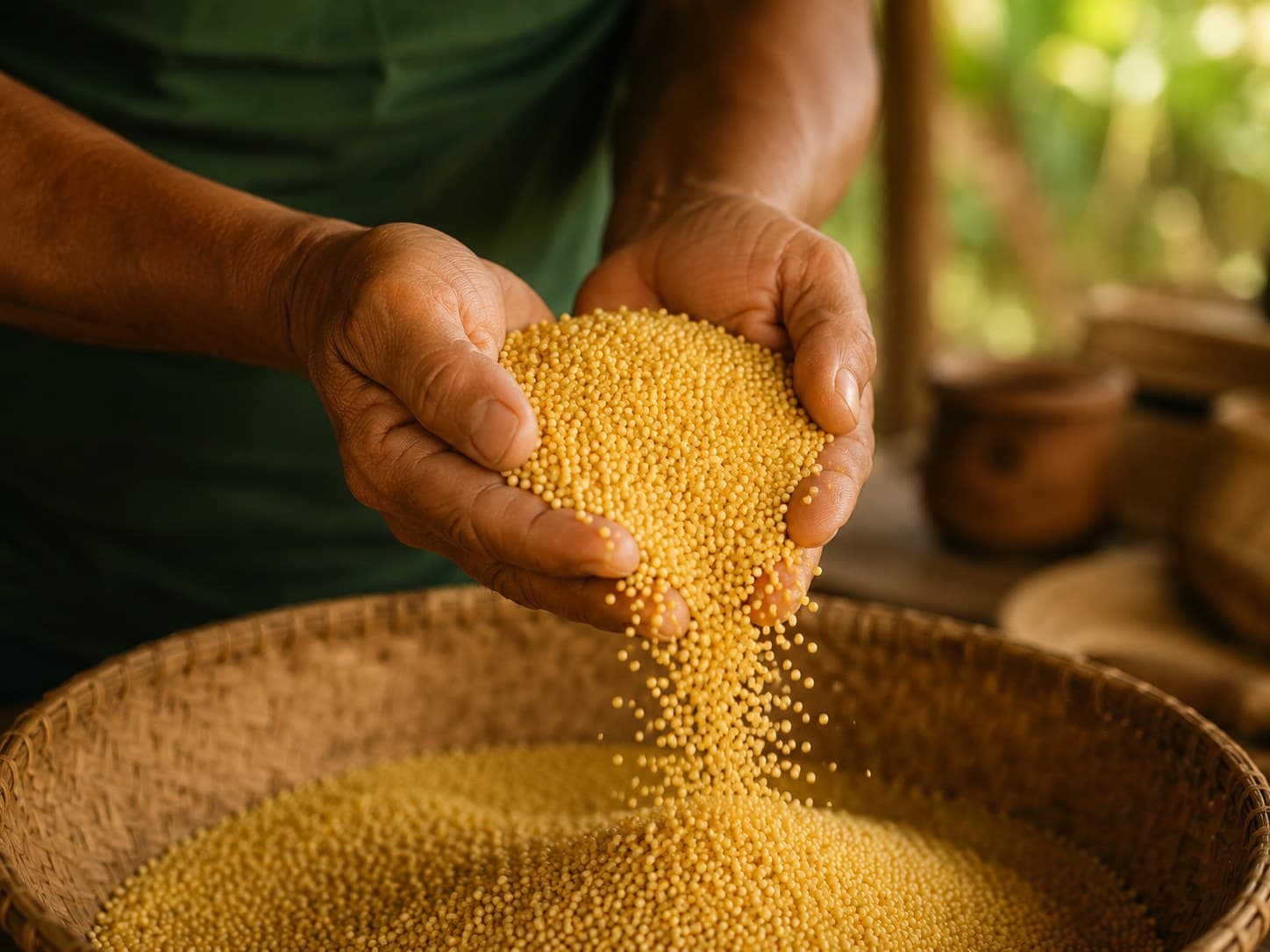 Mãos segurando e deixando cair a farinha dourada tipo filé