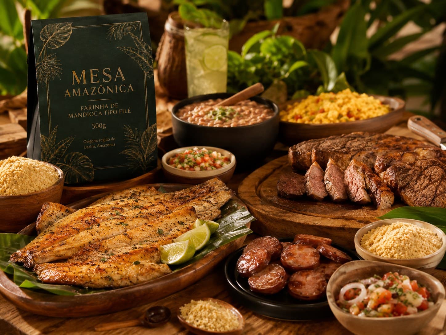 Mesa completa com peixe, churrasco e farinha Mesa Amazônica