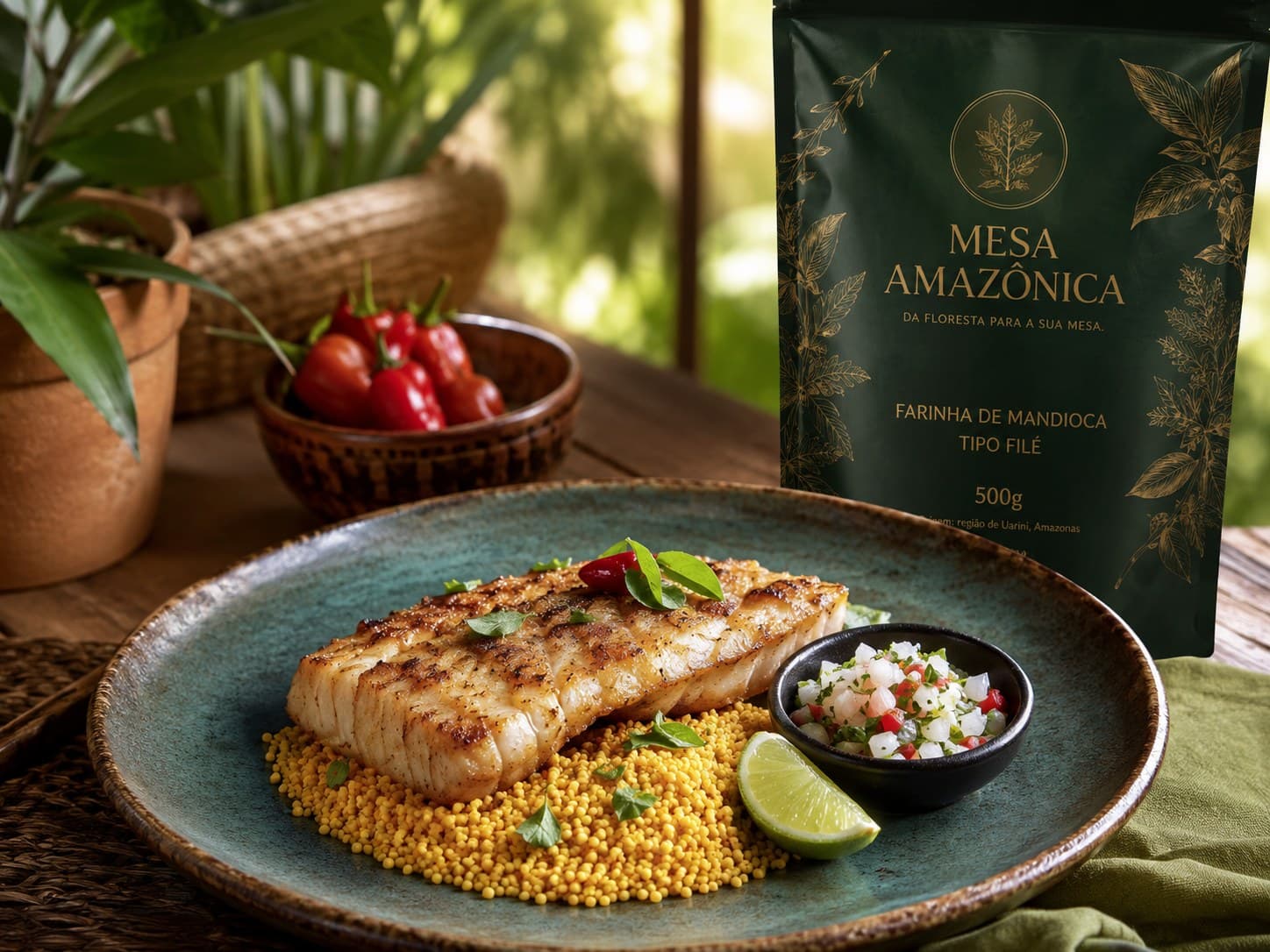 Prato com peixe servido sobre farinha tipo filé ao lado da embalagem Mesa Amazônica
