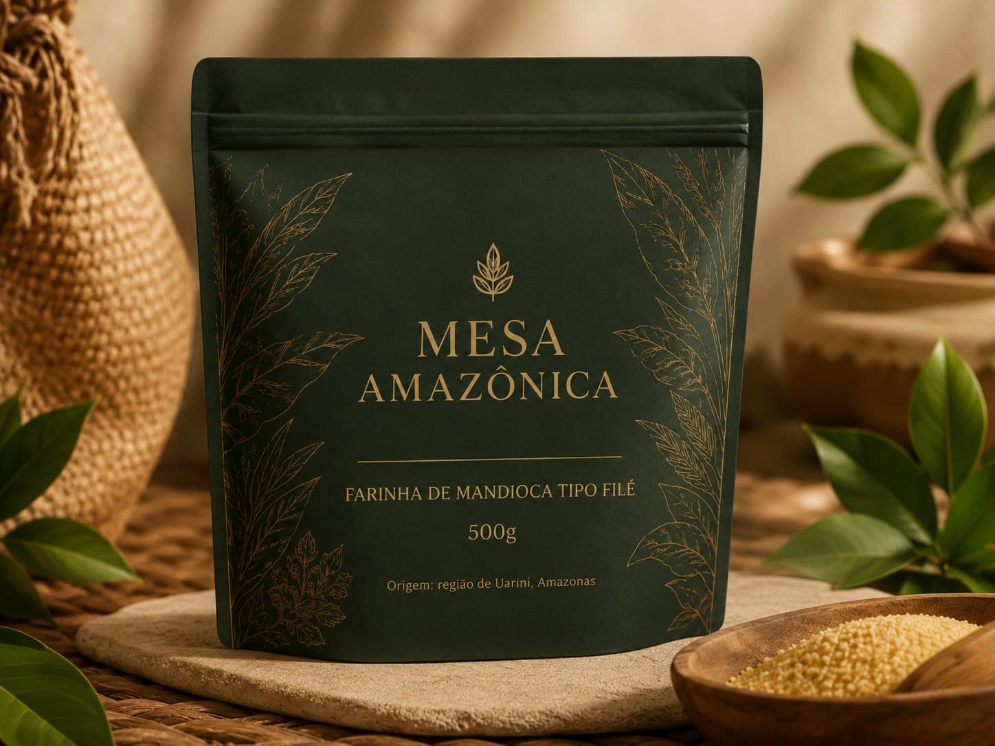 Caixa e pacote individual Mesa Amazônica com farinha servida em tigela