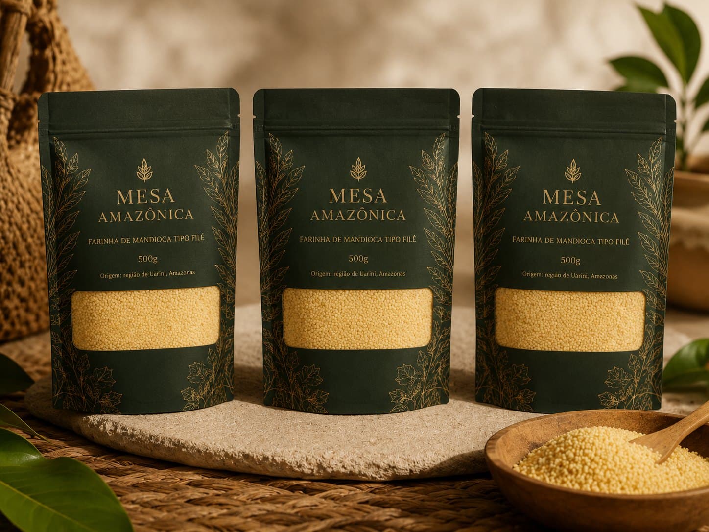 Três pacotes de 500g da farinha de mandioca tipo filé Mesa Amazônica