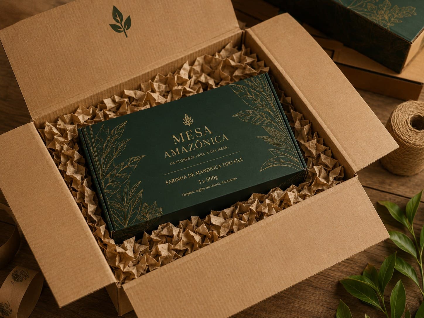 Caixa de transporte aberta com a caixa premium Mesa Amazônica protegida por enchimento de papel